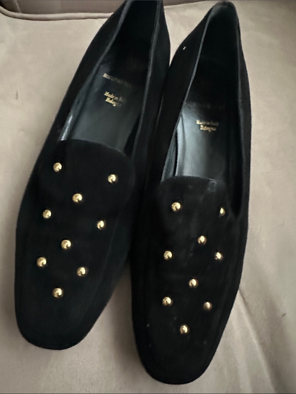 Bruno Magli Black Velvet Loafers with Gold Studs